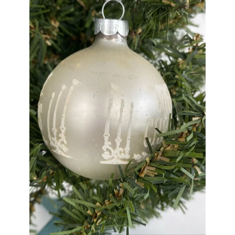 Vintage White Made USA MERRY CHRISTMAS Mica Stenciled Ball Ornament Holiday